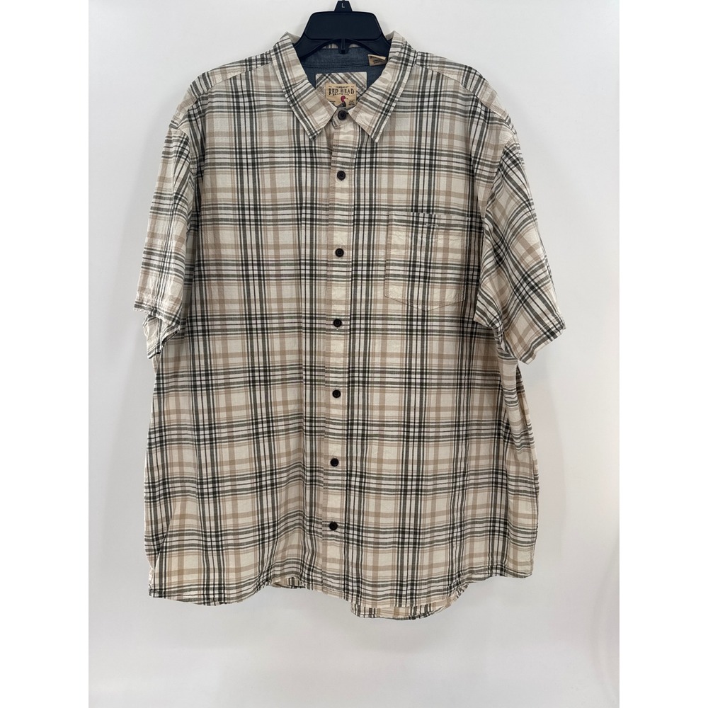 Red Head Mens 3XL‎ Plaid Short Sleeve Button Down Shirt Tan Black White Casual